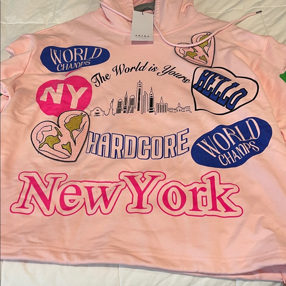 AKIRA Light Pink Hoodie with NYC logos patches, all over so cute - Picture 8 of 10